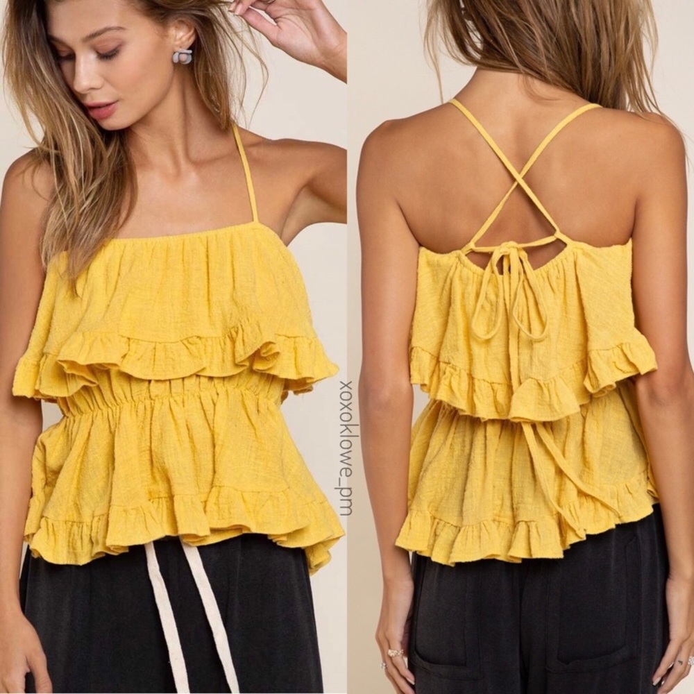 POL Sun Yellow Flounce Tiered Spaghetti Strap Top